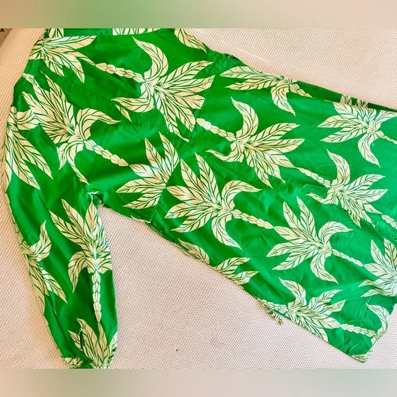 H&M Cotton Green & White Palm Leaf Tie Midi Maxi Long Sleeve Dress - Picture 5 of 14